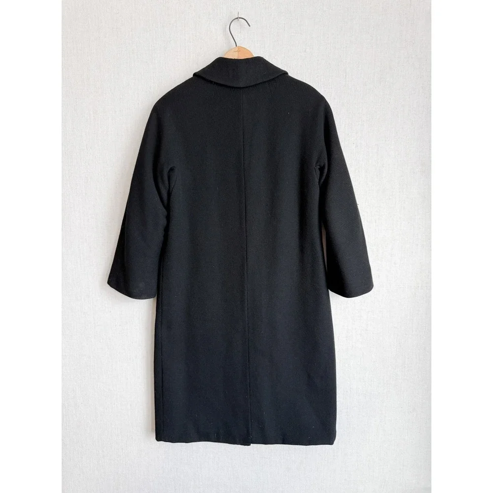 Vintage Thalhimers Black Wool Overcoat Peter Pan Collar Swirl Button Coat Womens